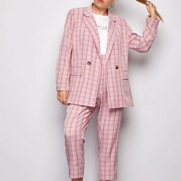 Petite Pink Co Ord Check Oversized Blazer and Trousers Set 💕 D24 - Picture 4 of 9